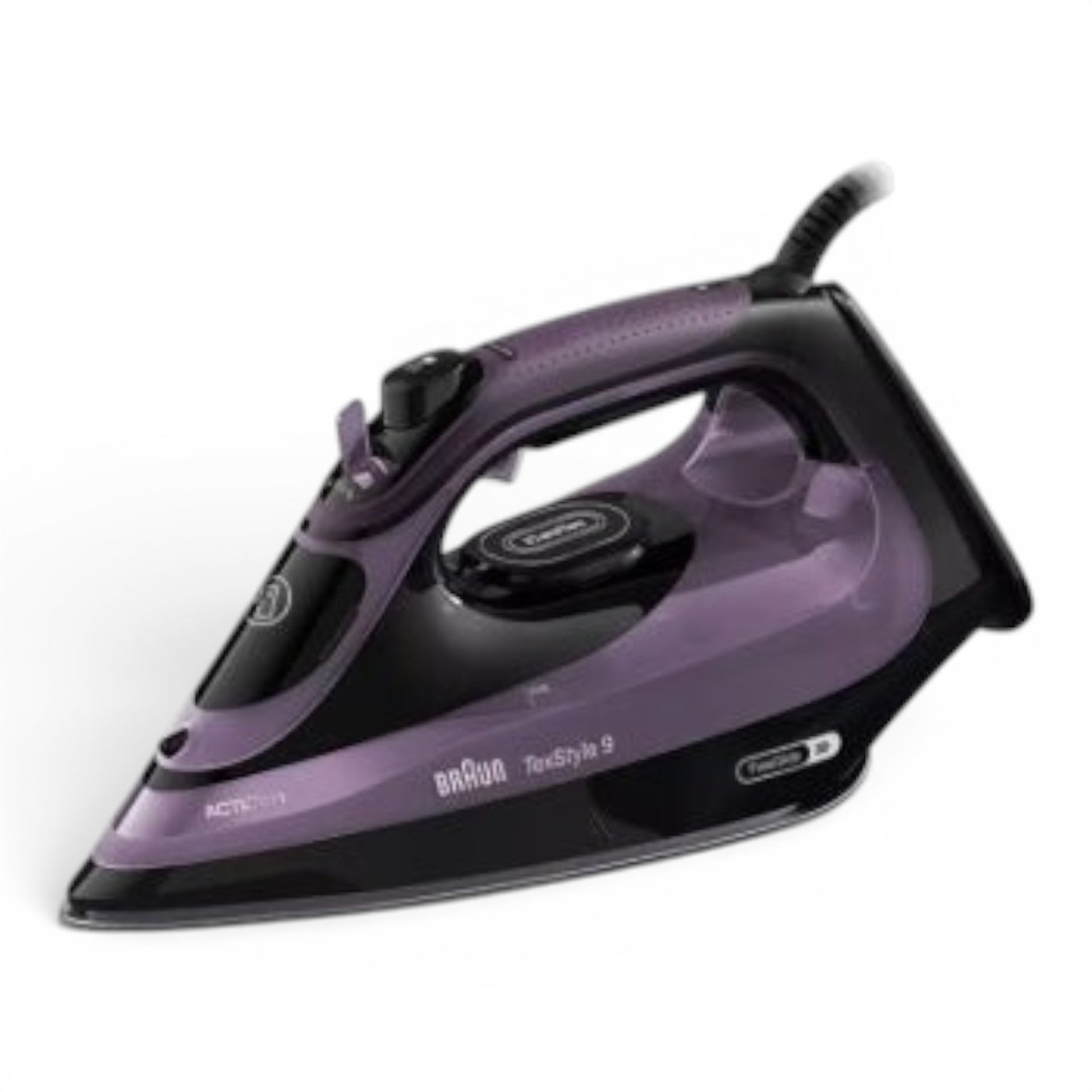 Taghareed Braun TexStyle 9 Steam Iron SI9661VI, purple and black, with 3100W power and EloxalPlus soleplate.