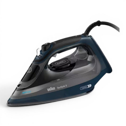Braun TexStyle 9 steam iron in dark blue and grey with 3200W power and iCare technology for fabric protection.