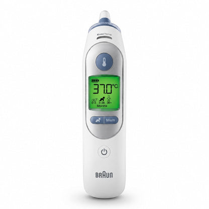 Braun ThermoScan 7 ear thermometer with Age Precision technology, digital display showing 37.0°C, white and blue