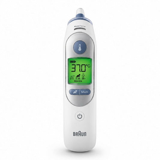 Braun ThermoScan 7 ear thermometer with Age Precision technology, digital display showing 37.0°C, white and blue
