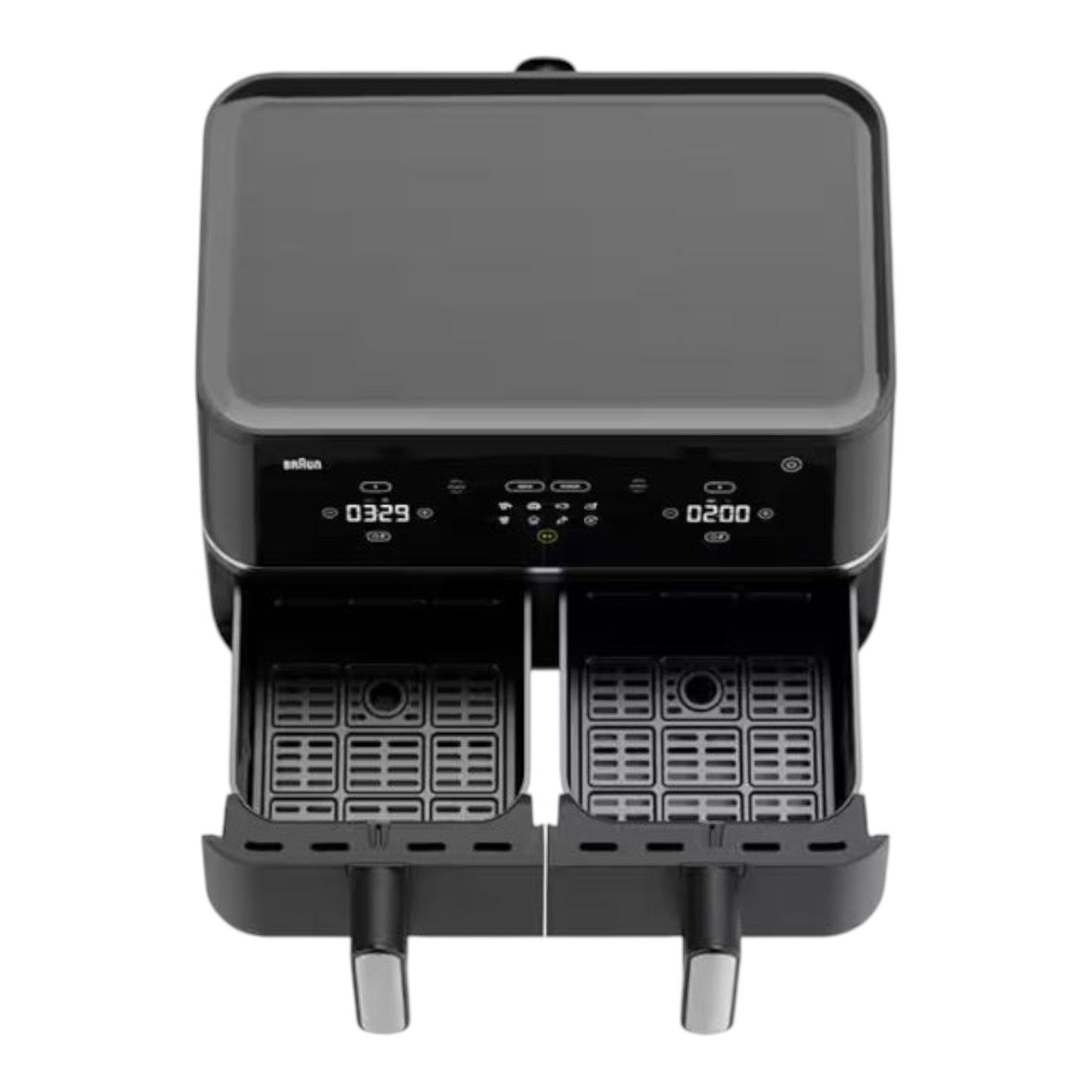 Taghareed Braun TwinCook 5 dual basket air fryer in black with digital display and 10L capacity.