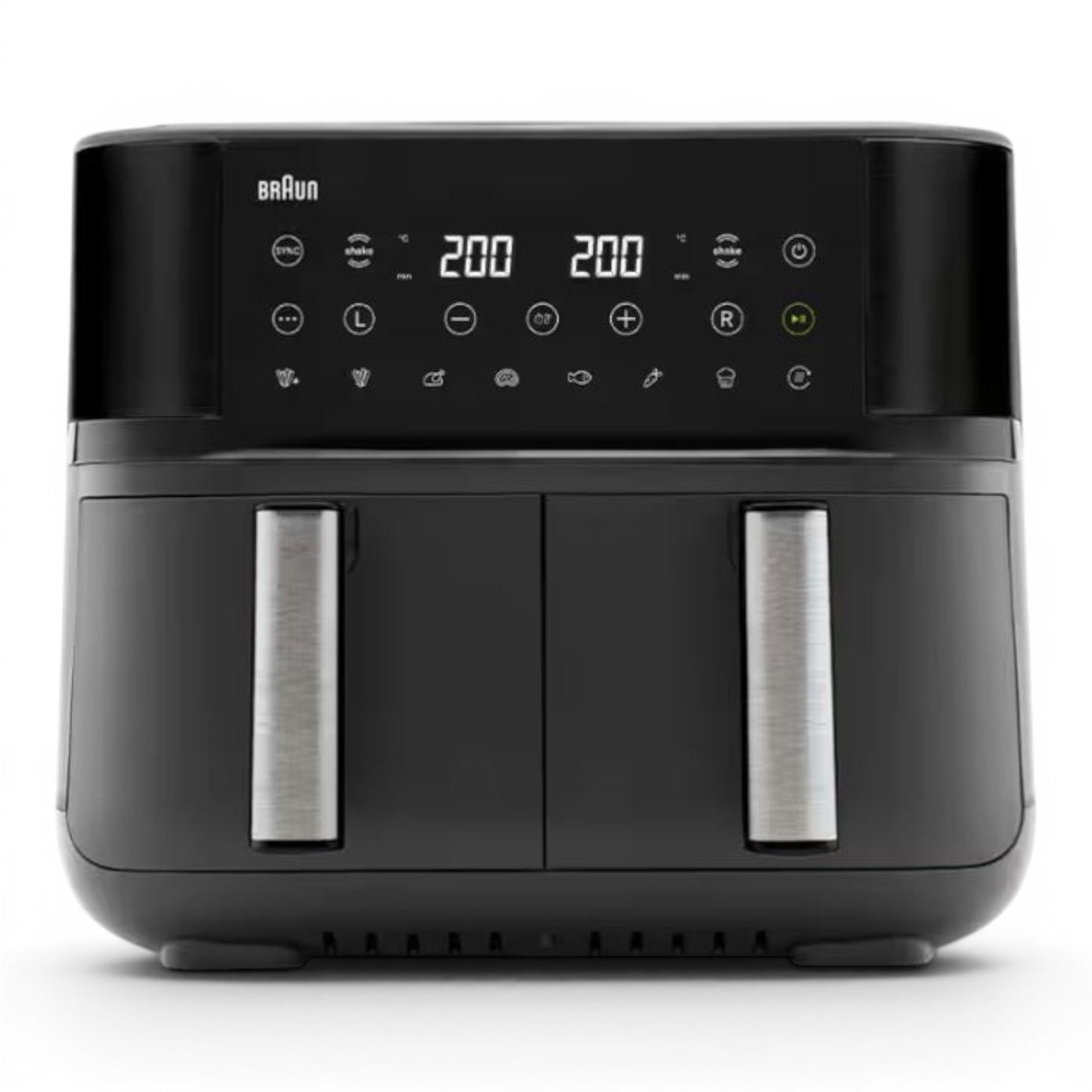 Taghareed Braun TwinCook 3 dual basket air fryer in black with digital display and 8L capacity.