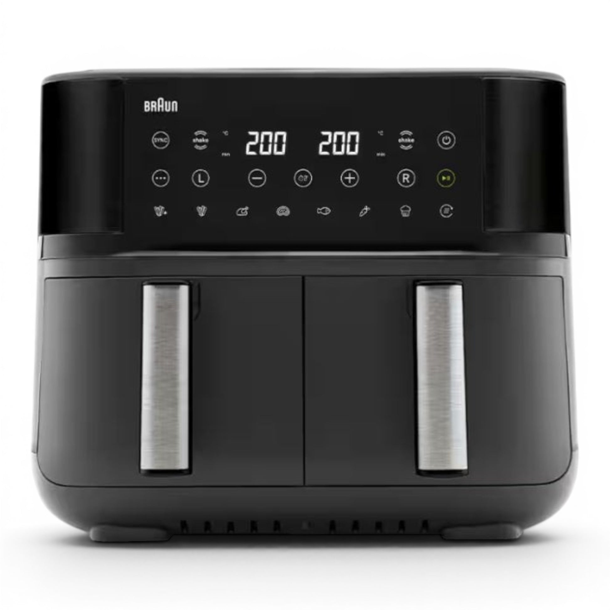 Taghareed Braun TwinCook 3 dual basket air fryer in black with digital display and 8L capacity.