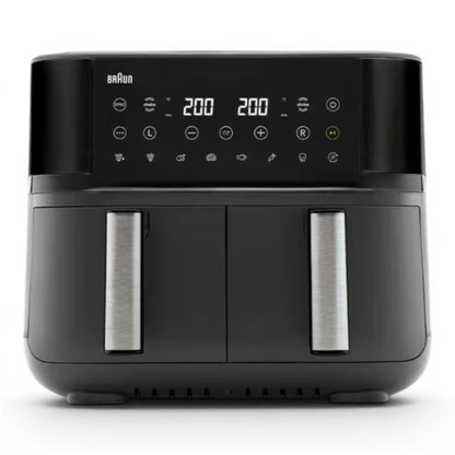 Taghareed Braun TwinCook 3 dual basket air fryer in black with digital display and 8L capacity.
