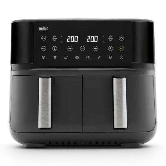 Taghareed Braun TwinCook 3 dual basket air fryer in black with digital display and 8L capacity.