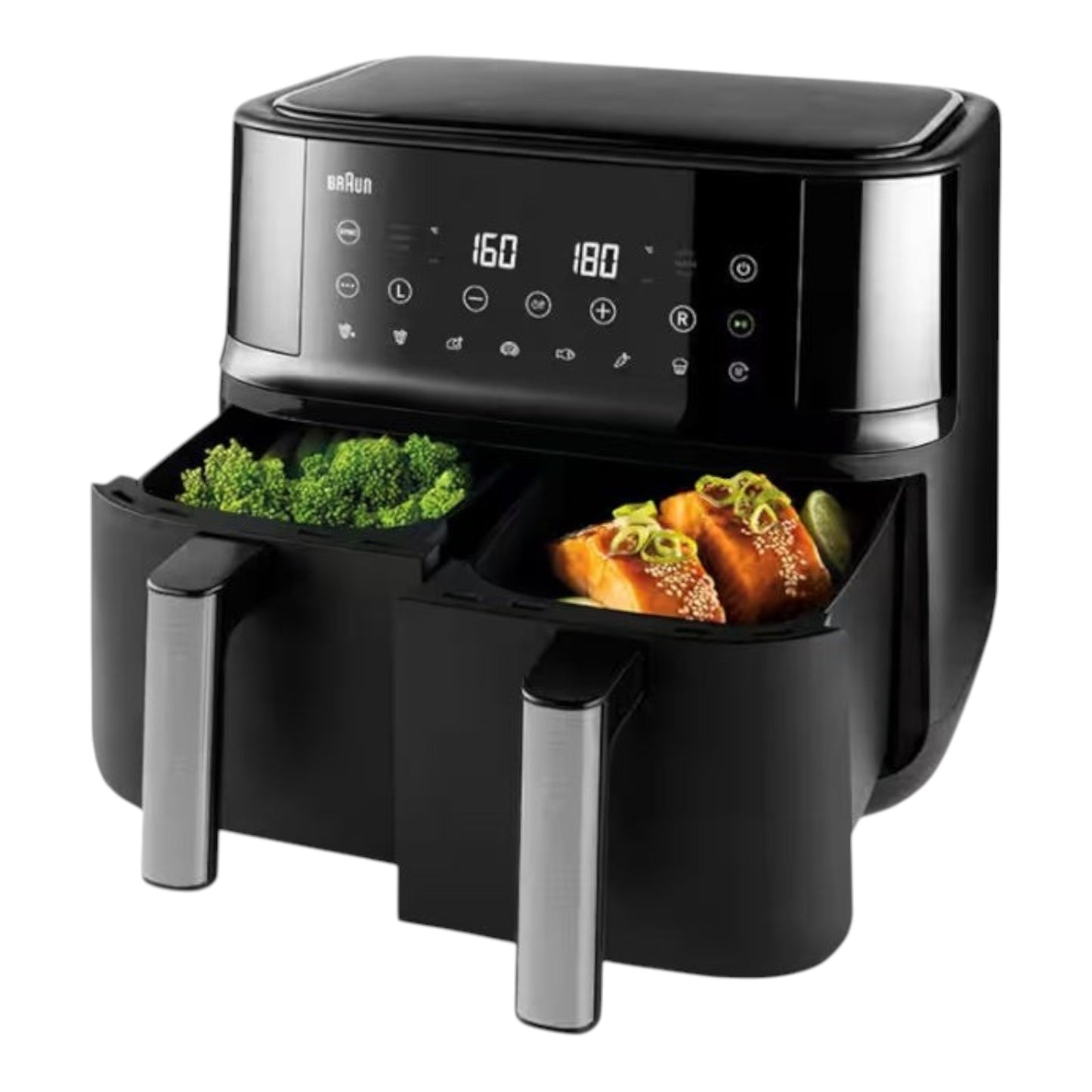 Taghareed Braun TwinCook 3 dual basket air fryer with 8L capacity, cooking salmon and broccoli.