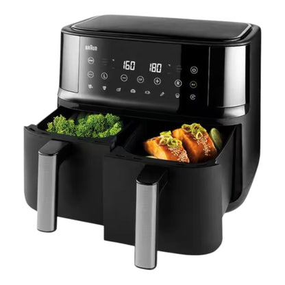 Taghareed Braun TwinCook 3 dual basket air fryer with 8L capacity, cooking salmon and broccoli.
