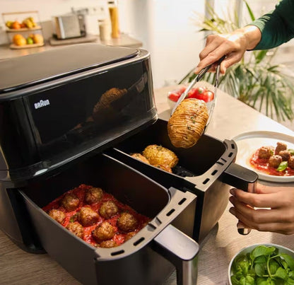 Braun TwinCook 3 dual basket air fryer with 8L capacity, cooking meatballs and potatoes.