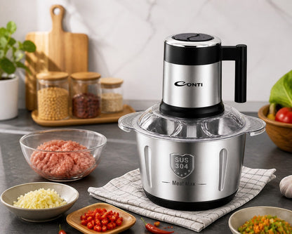 Taghareed CONTI 5L CH 55002 SS electric chopper with 500W copper motor, 5L stainless steel bowl, and 6 gold-coated stainless steel blades.