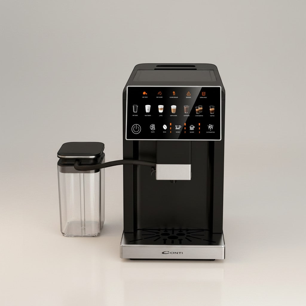 Taghareed CONTI CM 3036 BS black automatic espresso machine with 20 bar pressure and color touch screen.