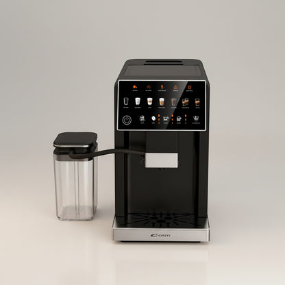 Taghareed CONTI CM 3036 BS black automatic espresso machine with 20 bar pressure and color touch screen.