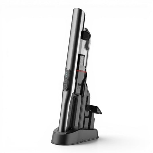 Taghareed CONTI VCH40203-CH cordless stick vacuum cleaner in black and silver, with HEPA filter and charging base.