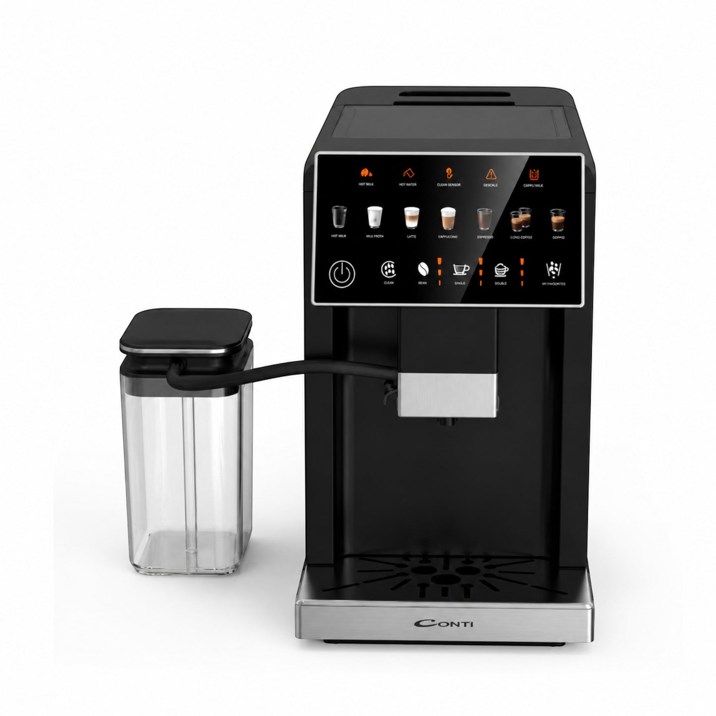Taghareed CONTI CM 3036 BS automatic espresso machine with 20 bar pressure, 6 coffee recipes, and color touch screen.