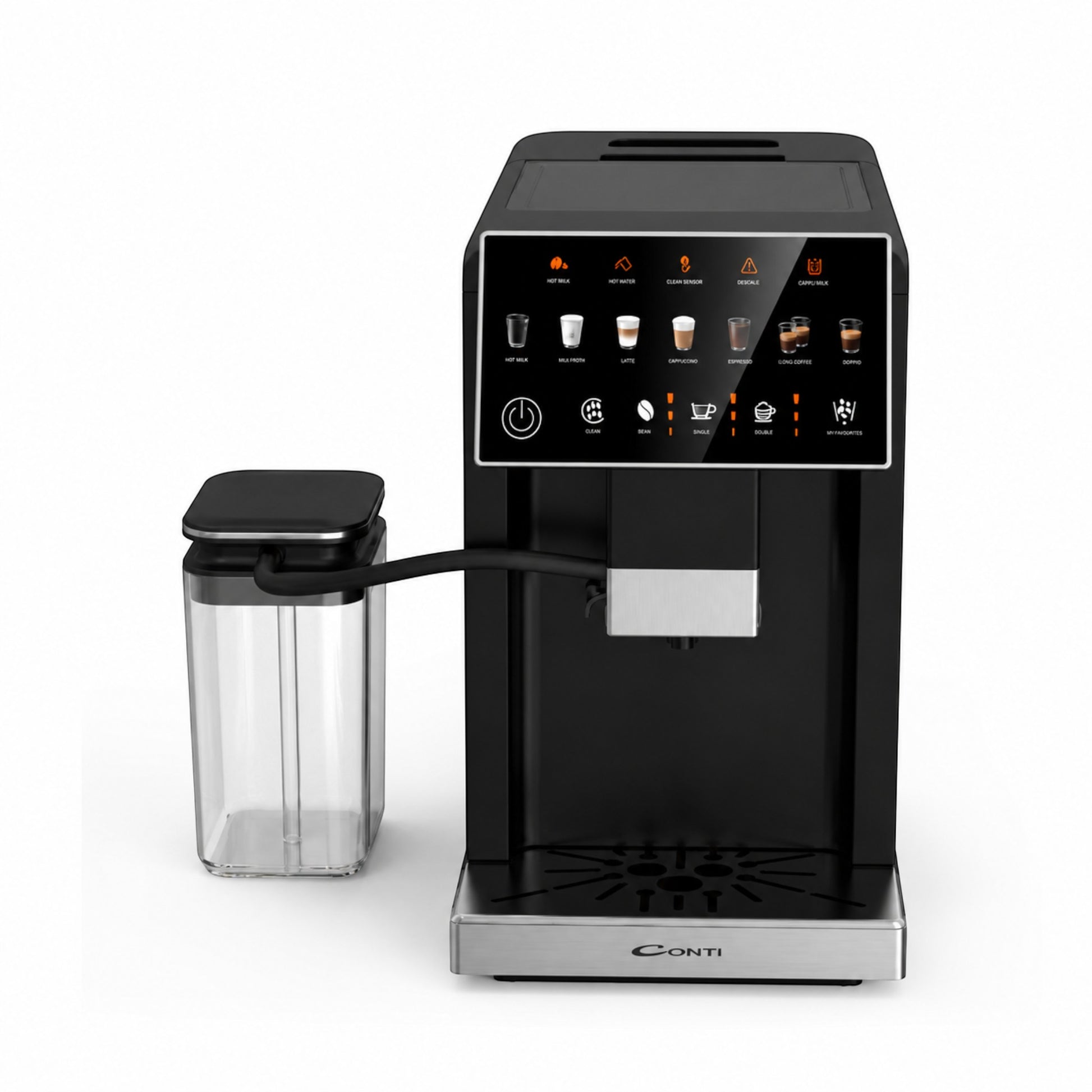 Taghareed CONTI CM 3036 BS automatic espresso machine with 20 bar pressure, 6 coffee recipes, and color touch screen.
