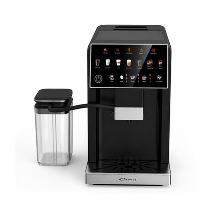 Taghareed CONTI CM 3036 BS automatic espresso machine with 20 bar pressure, 6 coffee recipes, and color touch screen.