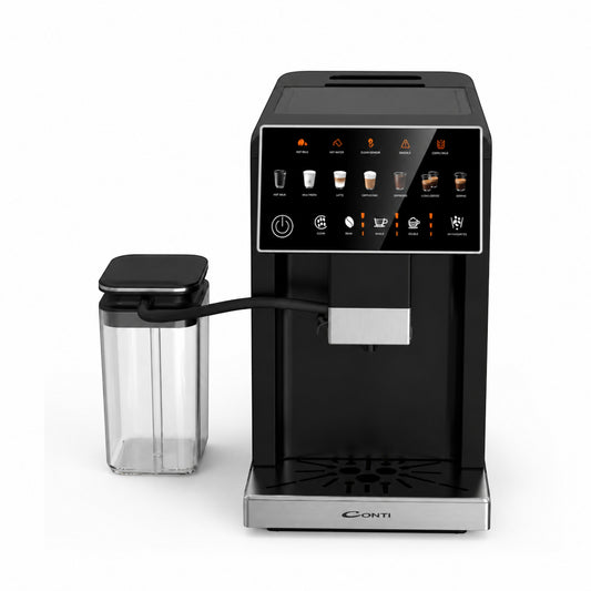 Taghareed CONTI CM 3036 BS automatic espresso machine with 20 bar pressure, 6 coffee recipes, and color touch screen.