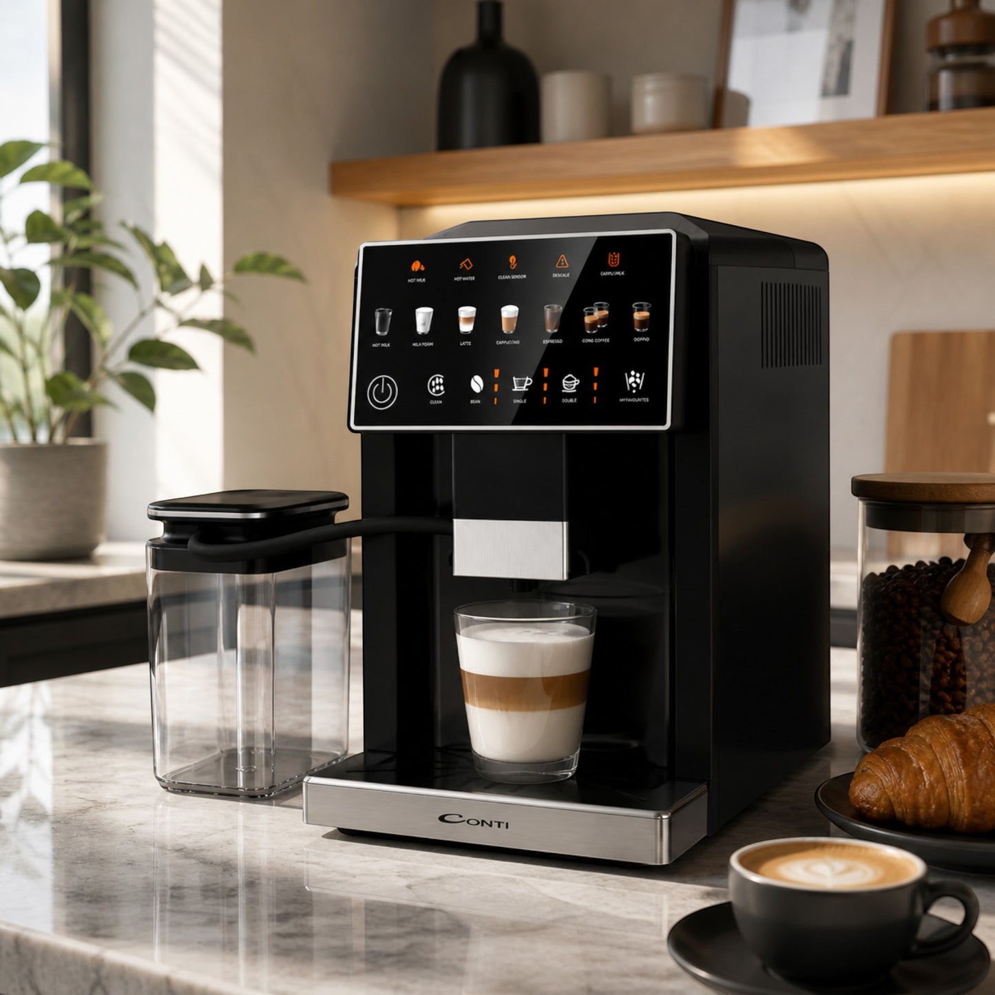 Taghareed CONTI CM 3036 BS black automatic espresso machine with 20 bar pressure, 6 coffee recipes, and touch screen.