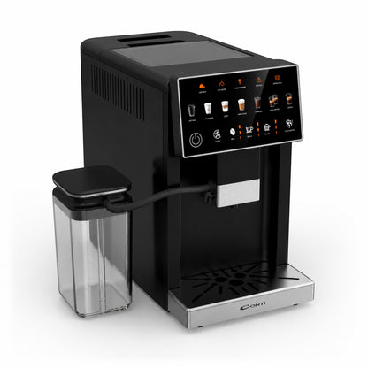 Taghareed CONTI CM 3036 BS black automatic espresso machine with 20 bar pressure and 6 one-touch coffee recipes.
