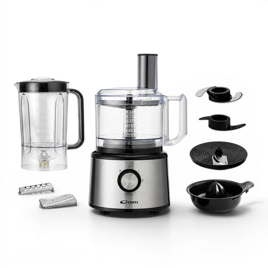 Taghareed CONTI Food Processor FP 75001 BS, 750W, stainless steel with 1.5L bowl, 2.3L blender, and 6 accessories.