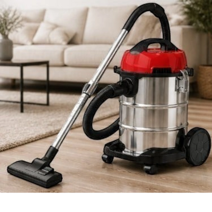Taghareed CONTI 2200W Wet & Dry vacuum cleaner with stainless steel body and red top, 30L capacity, on wheels.