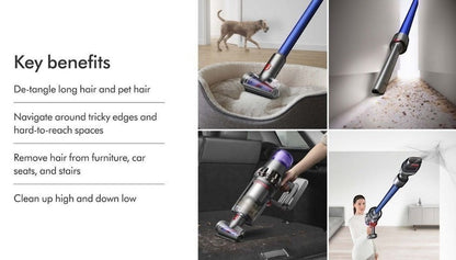 Taghareed cordless vacuum cleaner with blue wand cleaning pet bed, corners, car interior, and ceiling cobwebs.
