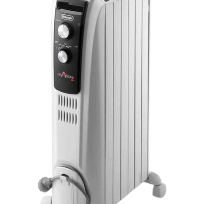 Taghareed De'Longhi Dragon 4 white 6-fin oil-filled radiator with adjustable thermostat and wheels.