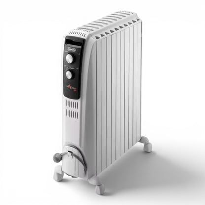 Taghareed De'Longhi Dragon 4 oil-filled radiator with 6 fins, 1500W, adjustable thermostat, and wheels. White.