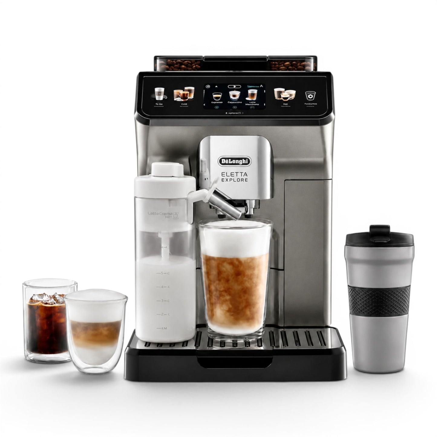 Taghareed De'Longhi Eletta Explore automatic coffee machine in silver, with a touch screen, milk carafe, and various coffee drinks displayed.