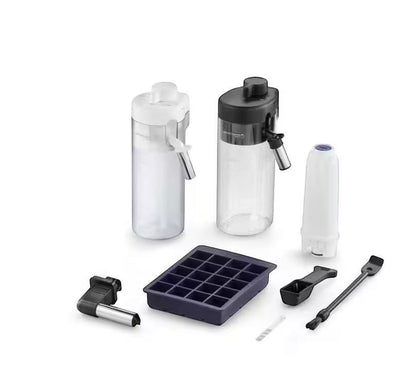 Taghareed De’Longhi Eletta Explore coffee machine accessories including milk carafes, ice cube tray, and cleaning tools.