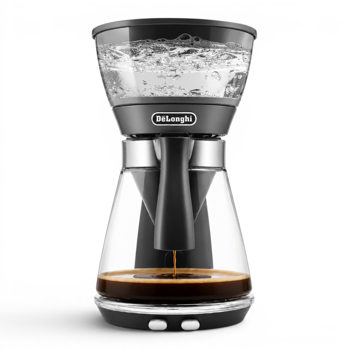 Taghareed De'Longhi ICM17210 black glass filter coffee maker with 1.25L carafe, brewing coffee.