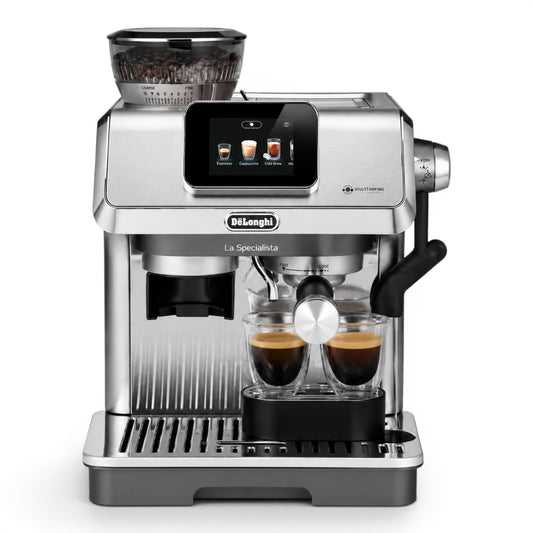 Taghareed De'Longhi La Specialista Touch EC9455.M stainless steel espresso machine with touch screen and built-in grinder.