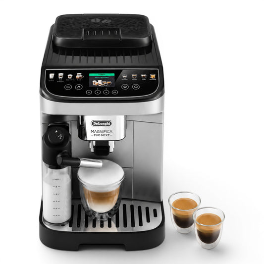 Taghareed De'Longhi Magnifica Evo fully automatic coffee machine in silver and black, with milk carafe and two espresso cups.