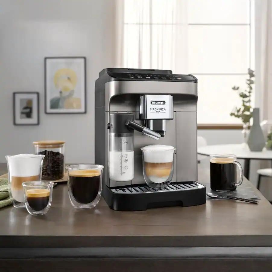 Taghareed De'Longhi Magnifica Evo automatic coffee machine in silver and black, with milk frother and various coffee drinks.