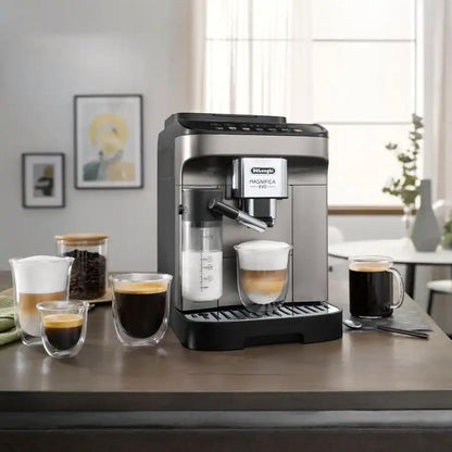 Taghareed De'Longhi Magnifica Evo automatic coffee machine in silver and black, with milk frother and various coffee drinks.