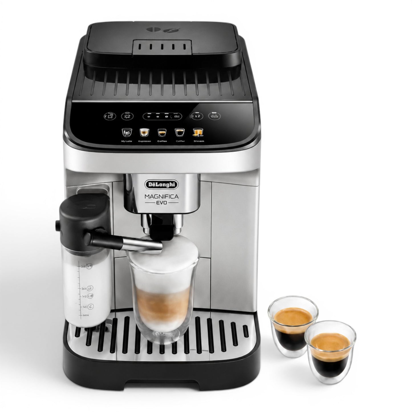 Taghareed De'Longhi Magnifica Evo automatic coffee machine in silver and black, with milk frother and two espresso cups.