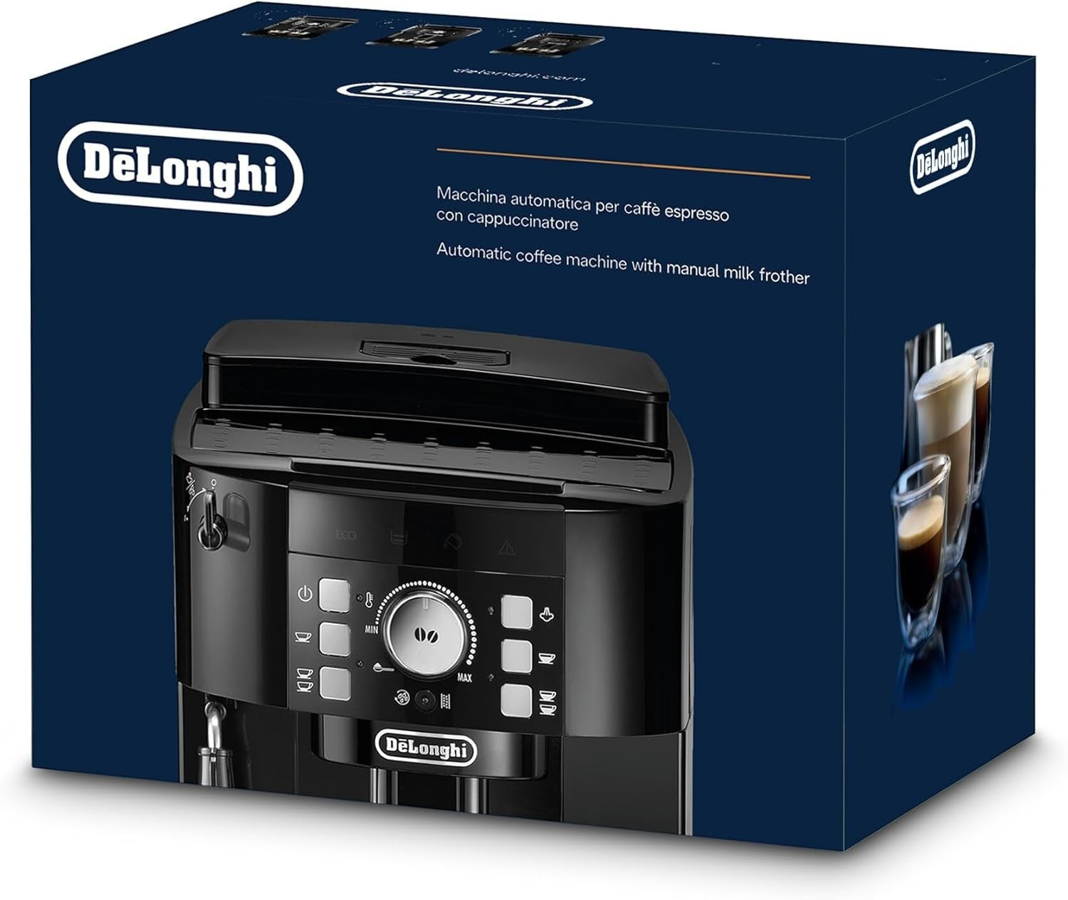 Taghareed De'Longhi Magnifica S black automatic coffee machine with manual milk frother and integrated grinder. Features easy-to-use controls and a sleek design.