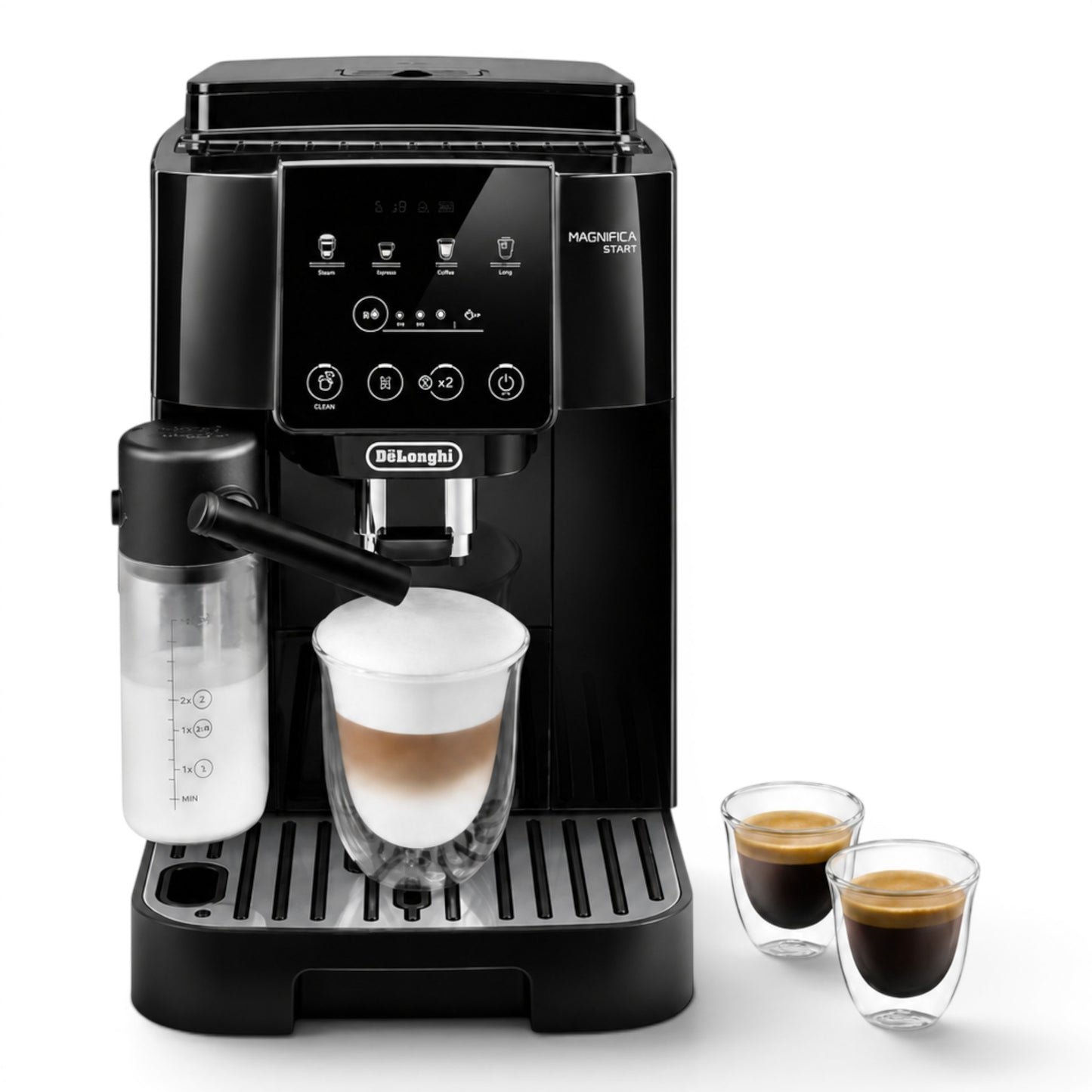 Taghareed De'Longhi Magnifica Start automatic coffee machine with milk frother, making a latte and two espressos.