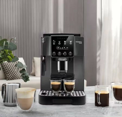 Taghareed De’Longhi Magnifica Start automatic coffee machine with touch controls, brewing espresso into two glasses.