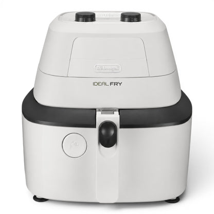 Taghareed De'Longhi MultiFry One white air fryer and multi-cooker with black accents and two control knobs.