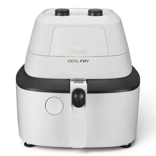 Taghareed De'Longhi MultiFry One white air fryer and multi-cooker with black accents and two control knobs.