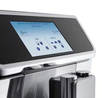 Taghareed De’Longhi PrimaDonna Elite coffee machine with stainless steel finish and interactive touchscreen displaying cup size and froth options.