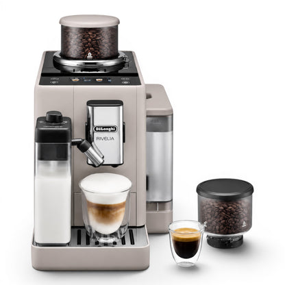 Taghareed De'Longhi Rivelia automatic coffee machine in beige with dual bean hoppers, milk carafe, and a latte macchiato.