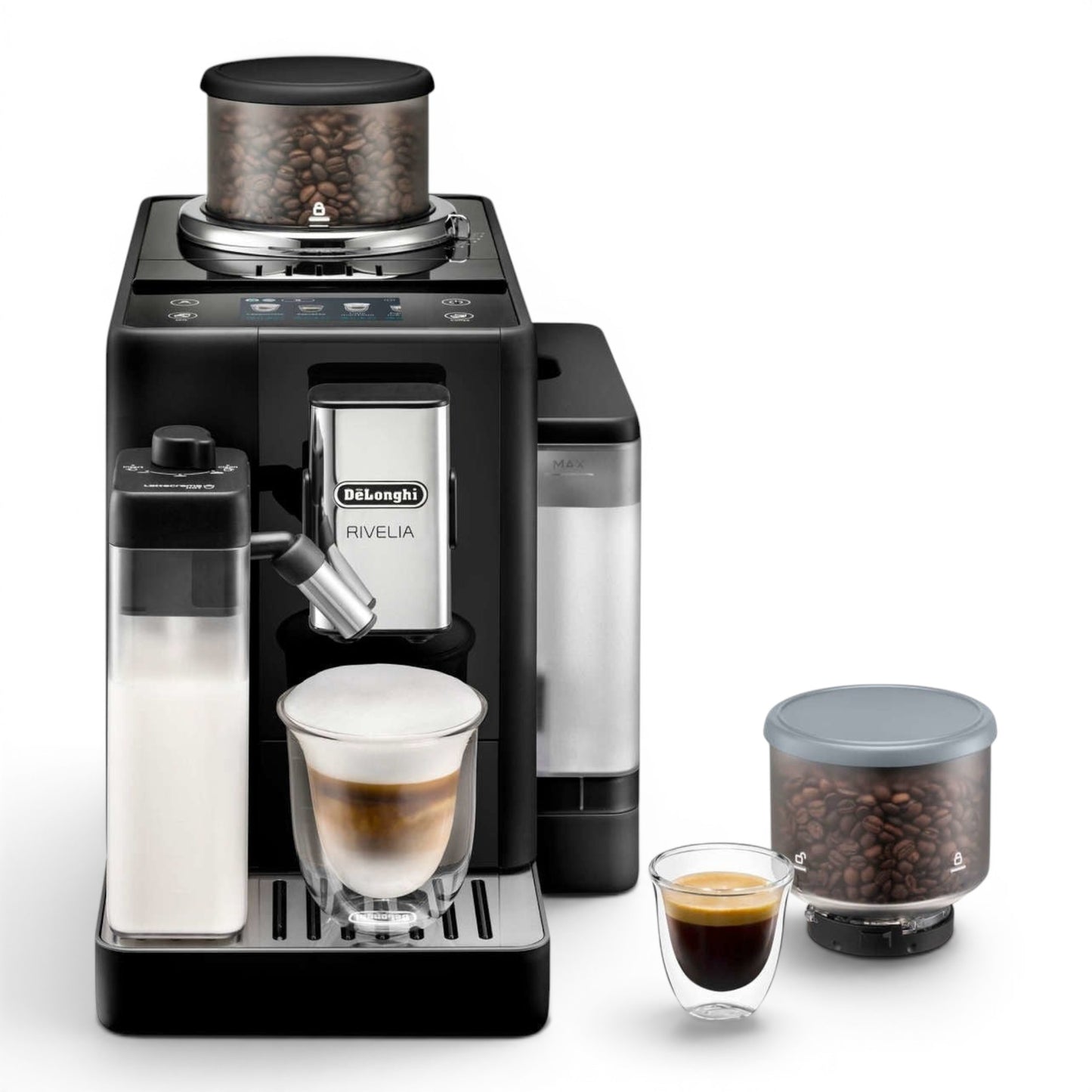 Taghareed De'Longhi Rivelia automatic coffee machine in black with dual bean hoppers, milk carafe, and two coffee cups.