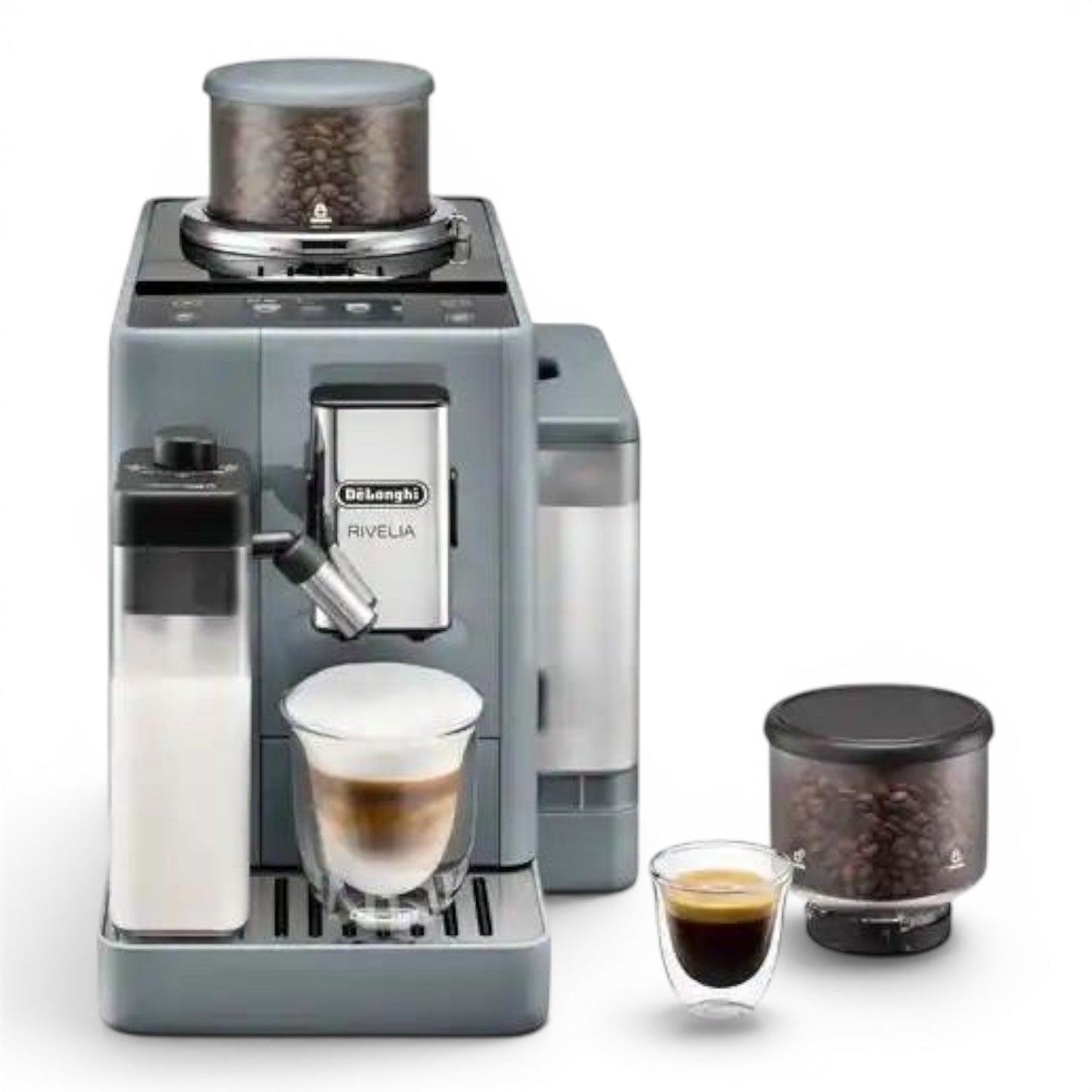 Taghareed De'Longhi Rivelia automatic coffee machine in grey with dual bean hoppers, milk carafe, and espresso cups.
