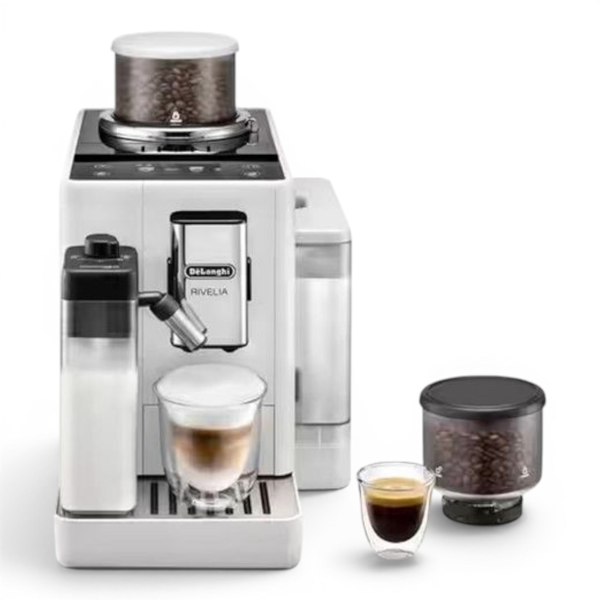 Taghareed white De'Longhi Rivelia automatic coffee machine with dual bean hoppers, milk carafe, and touchscreen.
