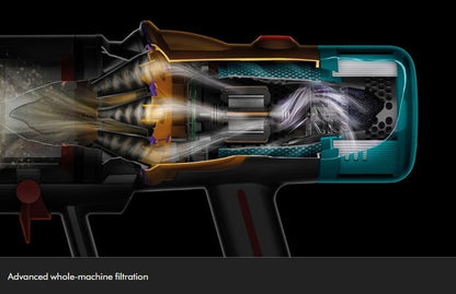 Taghareed Dyson V12s Detect Slim Submarine vacuum internal view showing cyclone separation and HEPA filtration system.
