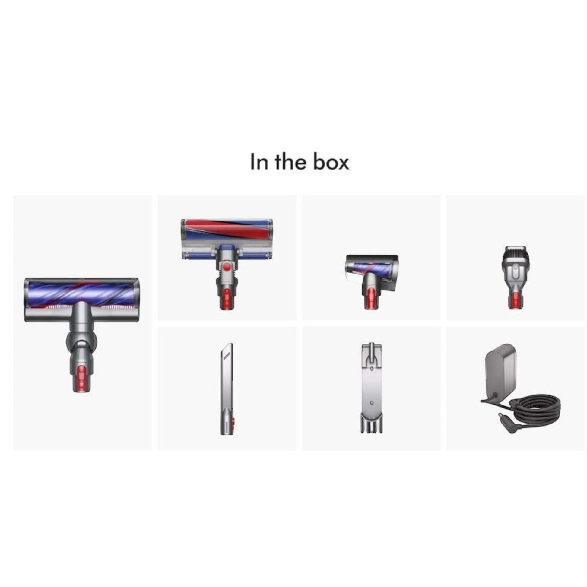 Taghareed Dyson V8 Absolute vacuum cleaner attachments: Motorbar cleaner head, crevice tool, mini motorized tool, and charging dock.