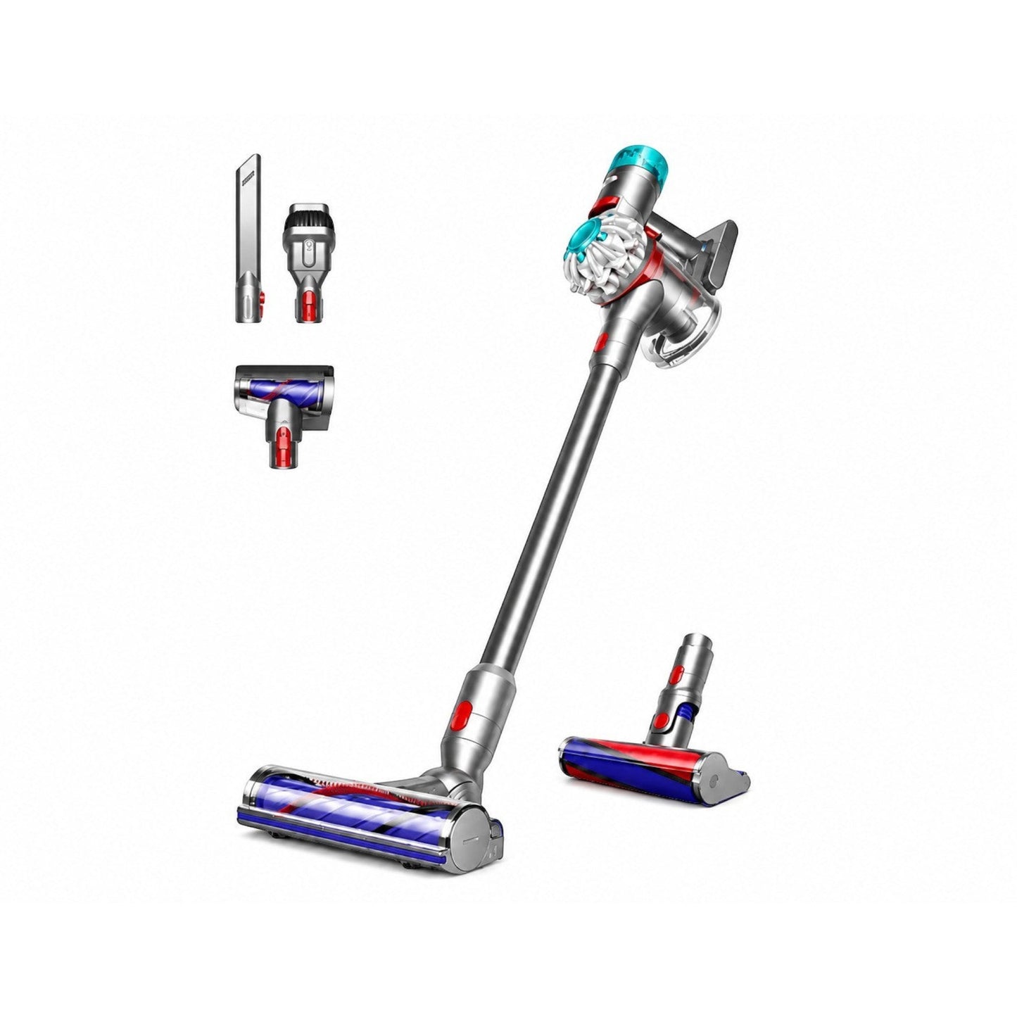 Taghareed Dyson V8 Absolute cordless vacuum cleaner with multiple attachments, silver and red accents, HEPA filtration.
