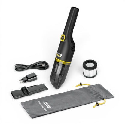 Taghareed Kärcher CVH 4 Black cordless hand vacuum cleaner with accessories, including charger, crevice tool, filter, and storage bag.