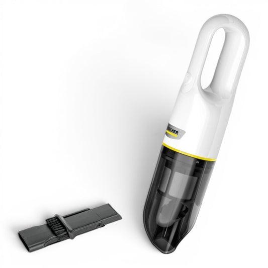 Taghareed Kärcher CVH 2 white and black cordless handheld vacuum cleaner with HEPA filter and 2-in-1 crevice tool.